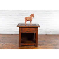 Javanese Early 20th Century Rustic Bedside Cabinet with Drawer and Open Shelf