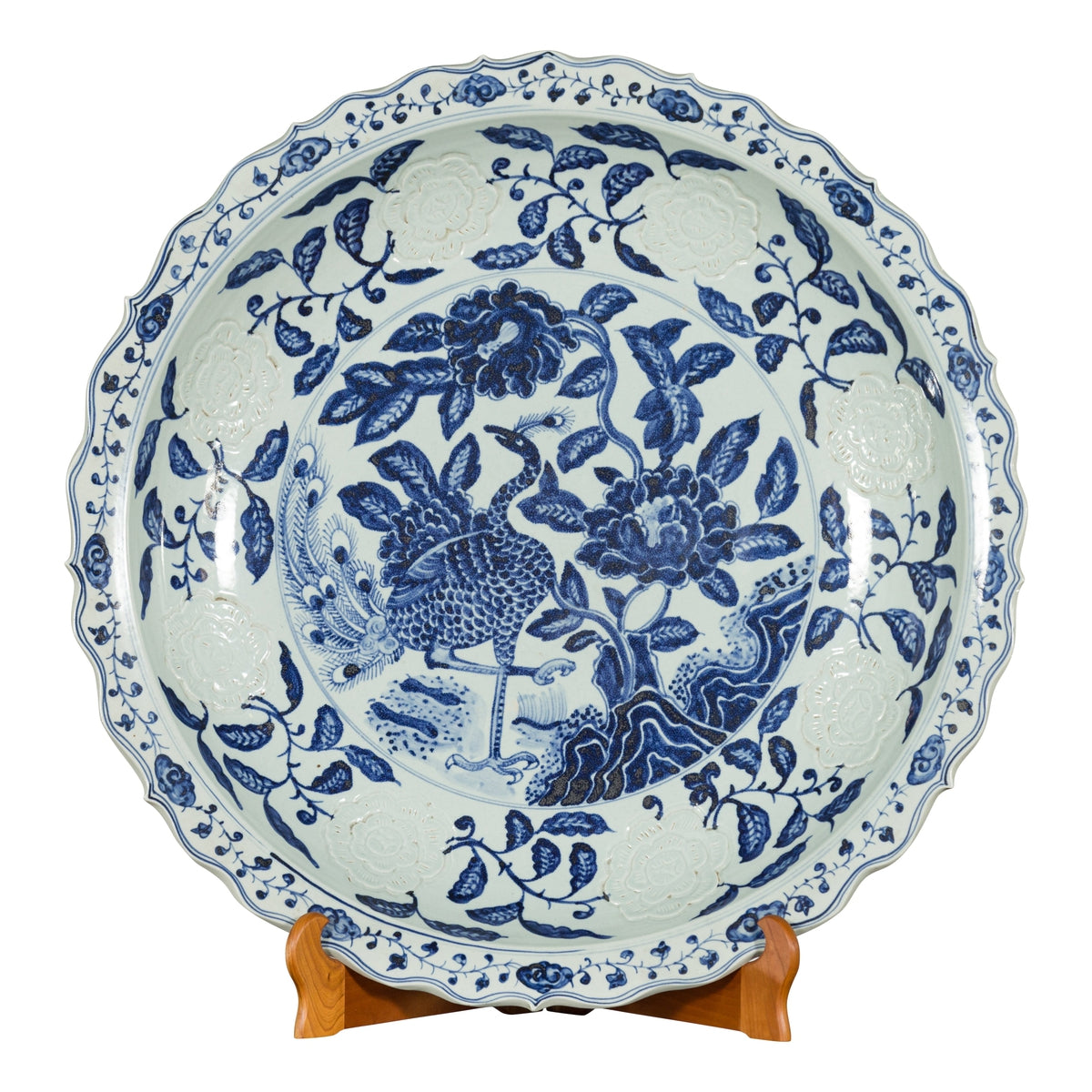 Large Chinese Porcelain Charger Plate with Hand-Painted Blue and White Décor-1. Asian & Chinese Furniture, Art, Antiques, Vintage Home Décor for sale at FEA Home