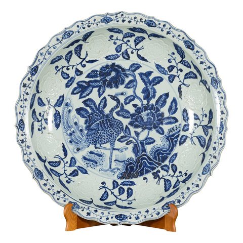 Large Chinese Porcelain Charger Plate with Hand-Painted Blue and White Décor for sale at FEA Home