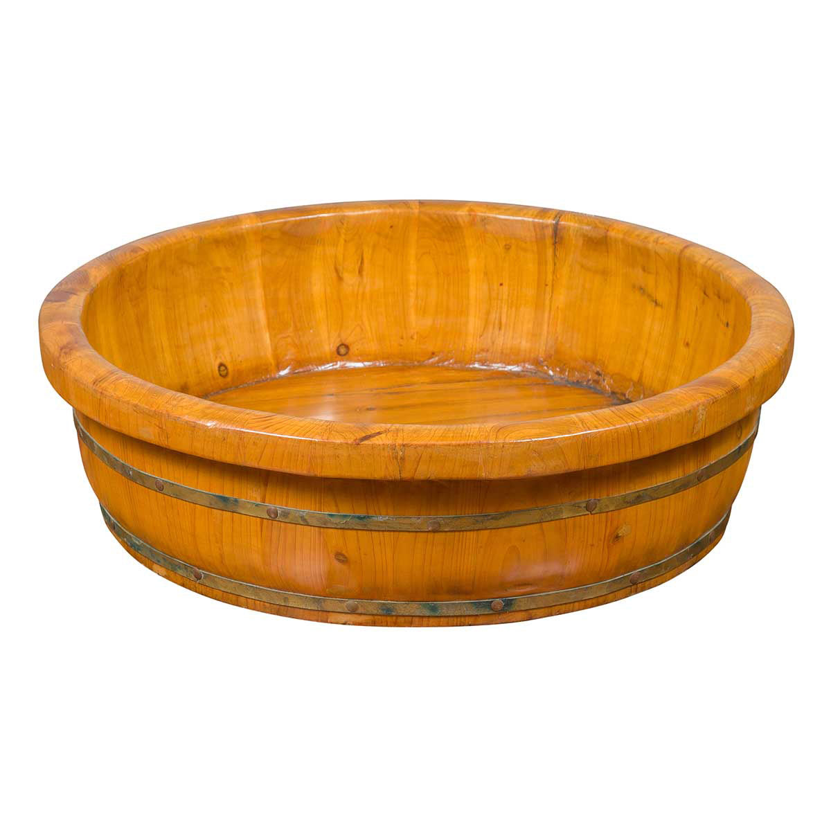 Chinese Qing Dynasty Period 19th Century Elm Round Rice Tray with Brass Braces-1. Asian & Chinese Furniture, Art, Antiques, Vintage Home Décor for sale at FEA Home
