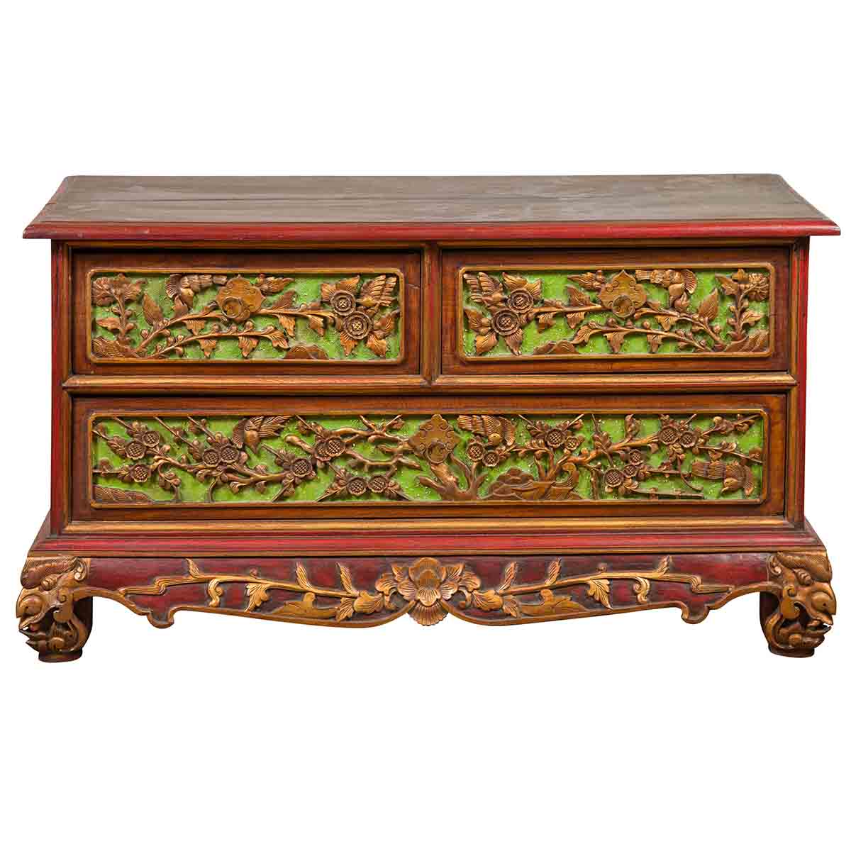 19th Century Madurese Polychrome Three-Drawer Dresser with Carved Floral Motif-1. Asian & Chinese Furniture, Art, Antiques, Vintage Home Décor for sale at FEA Home