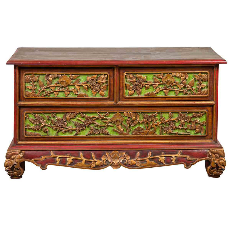 19th Century Madurese Polychrome Three-Drawer Dresser with Carved Floral Motif-YN6628-1. Asian & Chinese Furniture, Art, Antiques, Vintage Home Décor for sale at FEA Home