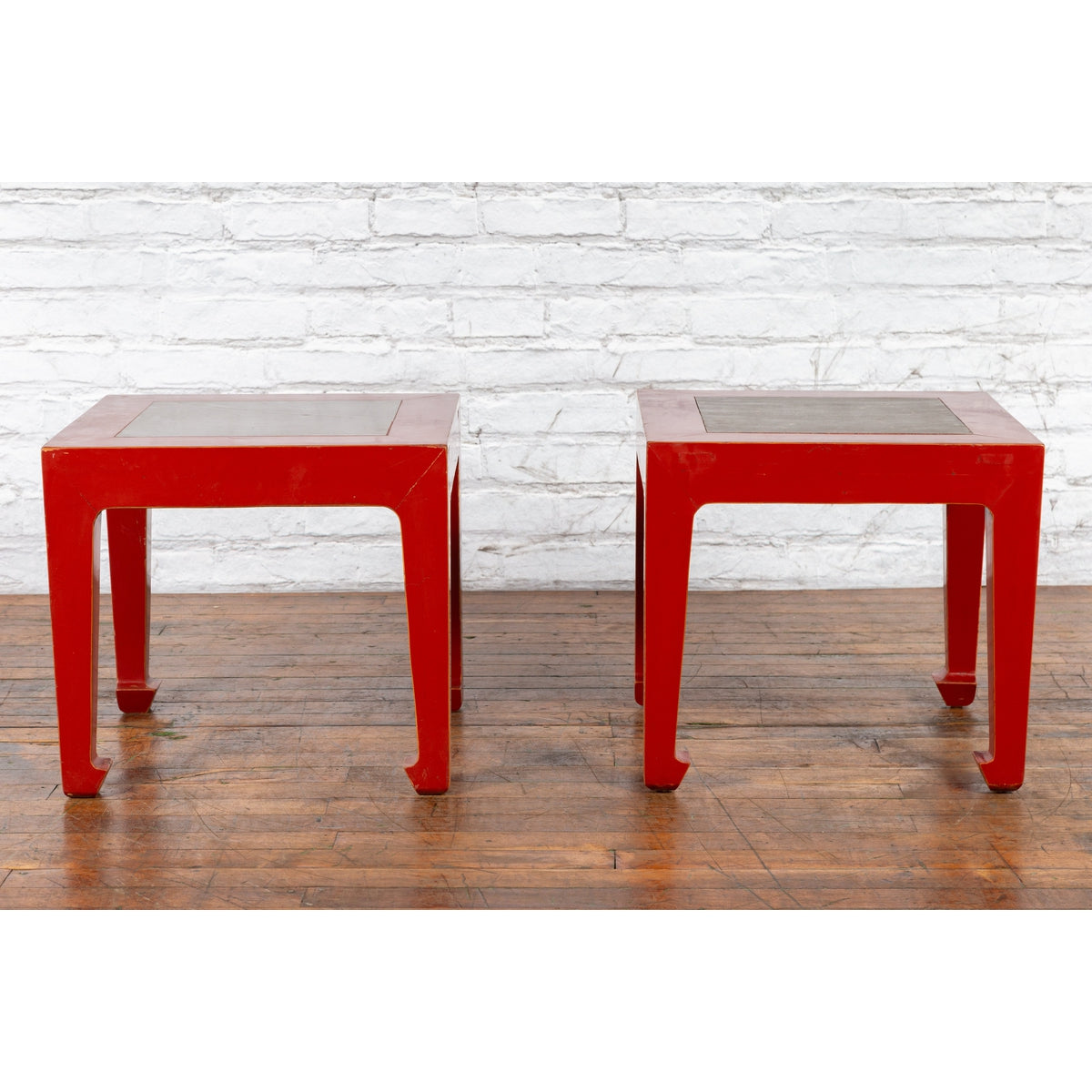 Pair of Chinese Red Lacquer Side Tables with Qing Dynasty Stone Garden Tiles-2. Asian & Chinese Furniture, Art, Antiques, Vintage Home Décor for sale at FEA Home