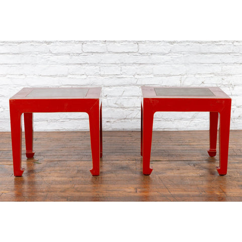 Pair of Chinese Red Lacquer Side Tables with Qing Dynasty Stone Garden Tiles-YN7225-2. Asian & Chinese Furniture, Art, Antiques, Vintage Home Décor for sale at FEA Home