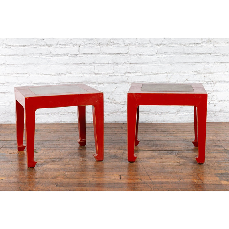 Pair of Chinese Red Lacquer Side Tables with Qing Dynasty Stone Garden Tiles-YN7225-3. Asian & Chinese Furniture, Art, Antiques, Vintage Home Décor for sale at FEA Home