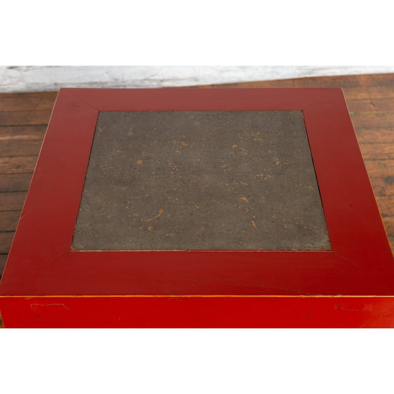 Pair of Chinese Red Lacquer Side Tables with Qing Dynasty Stone Garden Tiles-YN7225-5. Asian & Chinese Furniture, Art, Antiques, Vintage Home Décor for sale at FEA Home