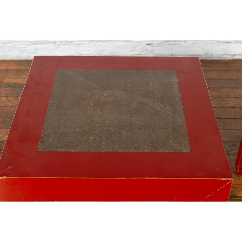 Pair of Chinese Red Lacquer Side Tables with Qing Dynasty Stone Garden Tiles-YN7225-6. Asian & Chinese Furniture, Art, Antiques, Vintage Home Décor for sale at FEA Home