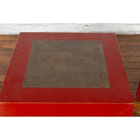 Pair of Chinese Red Lacquer Side Tables with Qing Dynasty Stone Garden Tiles-YN7225-6. Asian & Chinese Furniture, Art, Antiques, Vintage Home Décor for sale at FEA Home