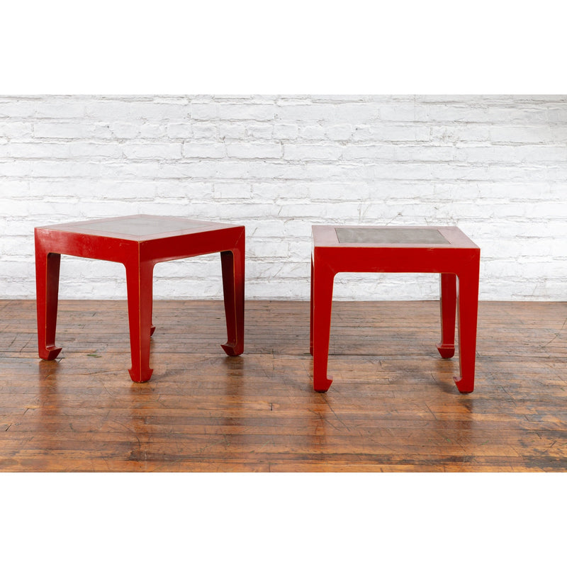 Pair of Chinese Red Lacquer Side Tables with Qing Dynasty Stone Garden Tiles-YN7225-7. Asian & Chinese Furniture, Art, Antiques, Vintage Home Décor for sale at FEA Home