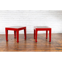 Pair of Chinese Red Lacquer Side Tables with Qing Dynasty Stone Garden Tiles-YN7225-9. Asian & Chinese Furniture, Art, Antiques, Vintage Home Décor for sale at FEA Home