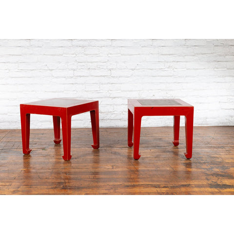 Pair of Chinese Red Lacquer Side Tables with Qing Dynasty Stone Garden Tiles-YN7225-9. Asian & Chinese Furniture, Art, Antiques, Vintage Home Décor for sale at FEA Home