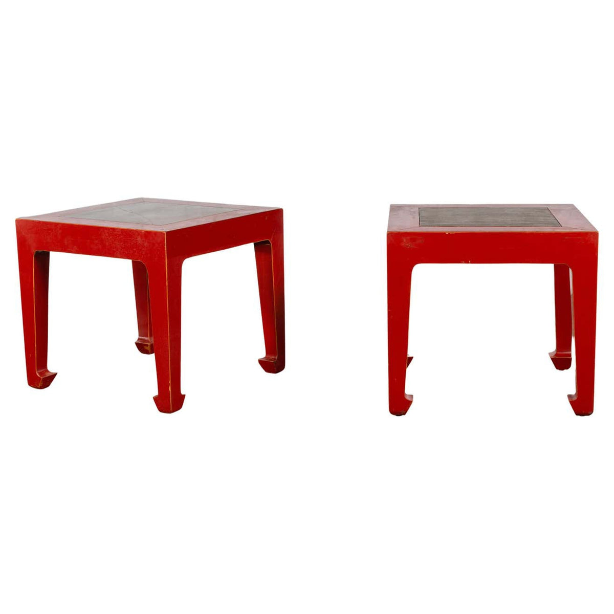 Pair of Chinese Red Lacquer Side Tables with Qing Dynasty Stone Garden Tiles-1. Asian & Chinese Furniture, Art, Antiques, Vintage Home Décor for sale at FEA Home