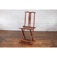 Qing Dynasty Red Lacquered Traveler's Folding Chair with Woven Seat