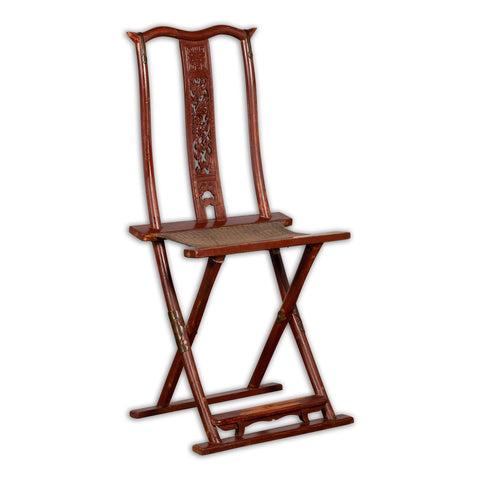 Qing Dynasty Red Lacquered Traveler's Folding Chair with Woven Seat-YN3779-1. Asian & Chinese Furniture, Art, Antiques, Vintage Home Décor for sale at FEA Home