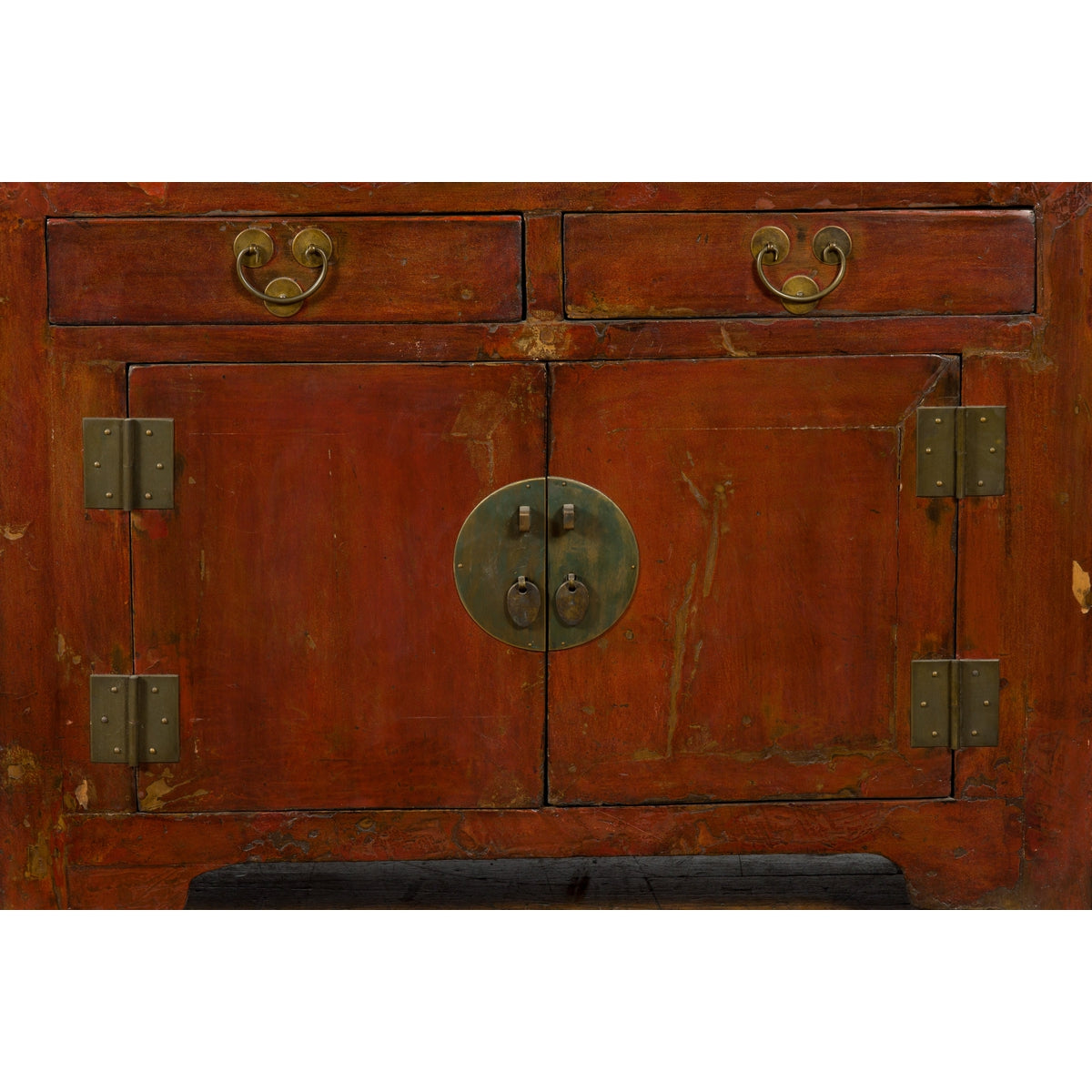 Qing Dynasty Red/Brown Side Cabinet with Hinged Doors Under Double Drawers-12. Asian &amp; Chinese Furniture, Art, Antiques, Vintage Home Décor for sale at FEA Home