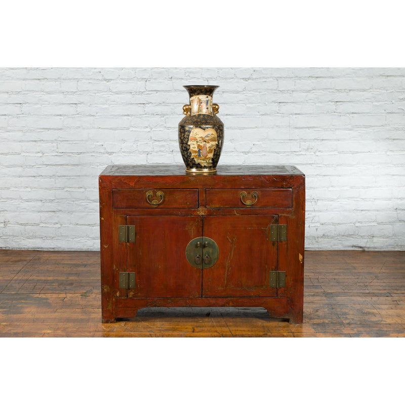 Qing Dynasty Red/Brown Side Cabinet with Hinged Doors Under Double Drawers-YN2548-13. Asian & Chinese Furniture, Art, Antiques, Vintage Home Décor for sale at FEA Home