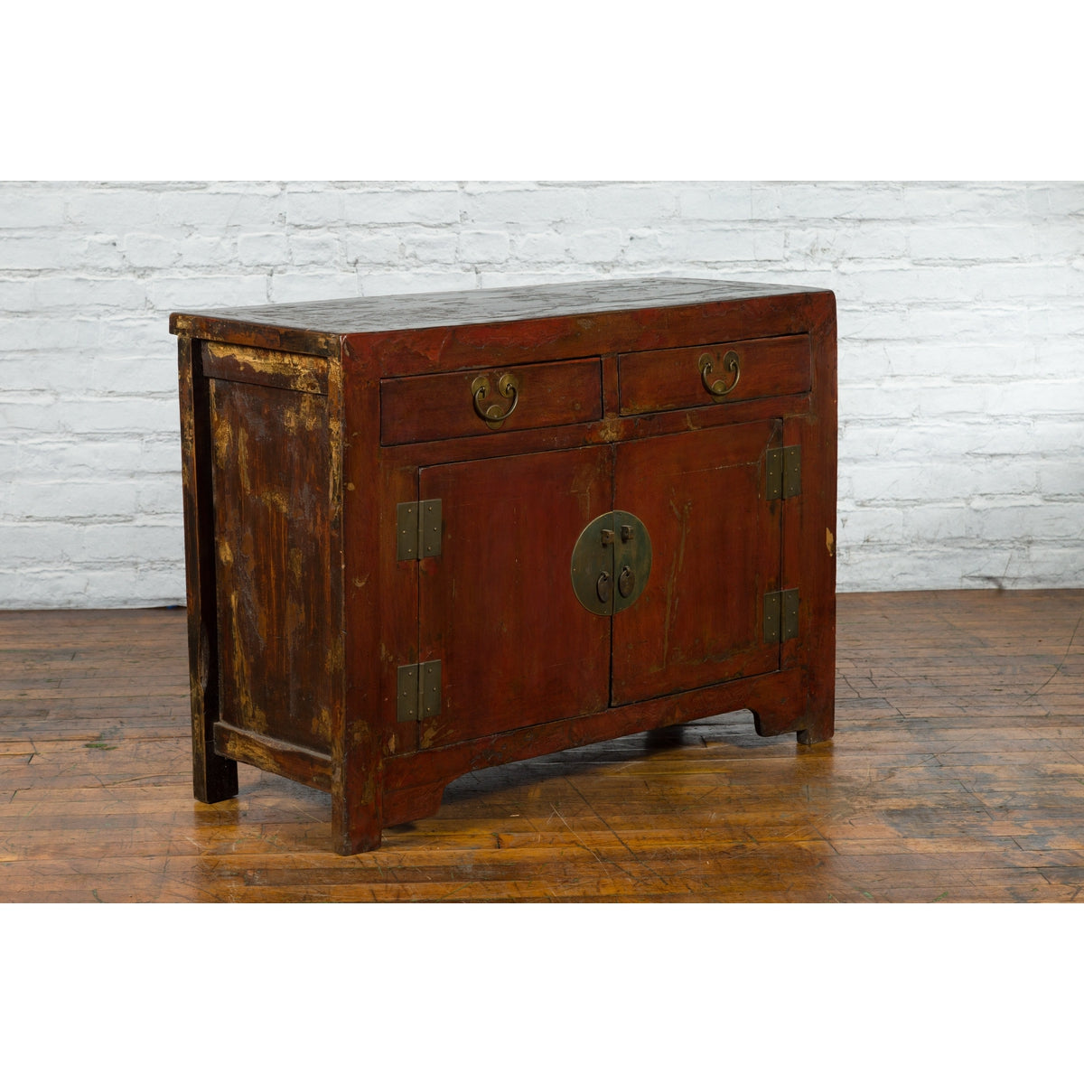 Qing Dynasty Red/Brown Side Cabinet with Hinged Doors Under Double Drawers-14. Asian &amp; Chinese Furniture, Art, Antiques, Vintage Home Décor for sale at FEA Home