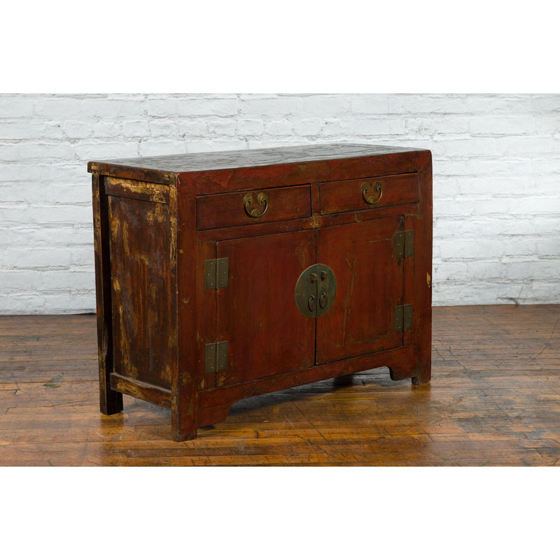 Qing Dynasty Red/Brown Side Cabinet with Hinged Doors Under Double Drawers-YN2548-14. Asian & Chinese Furniture, Art, Antiques, Vintage Home Décor for sale at FEA Home