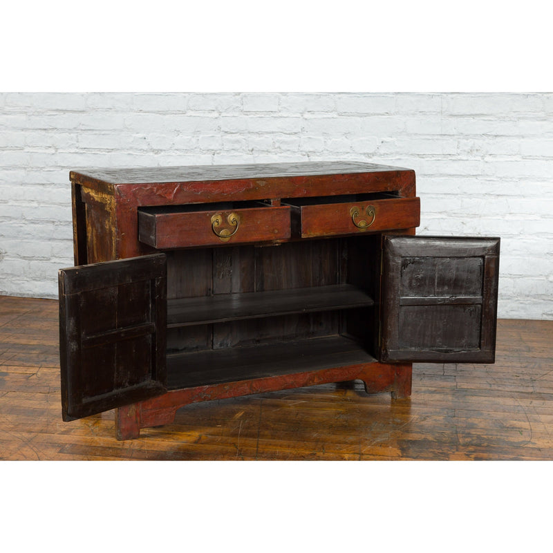 Qing Dynasty Red/Brown Side Cabinet with Hinged Doors Under Double Drawers-YN2548-15. Asian & Chinese Furniture, Art, Antiques, Vintage Home Décor for sale at FEA Home
