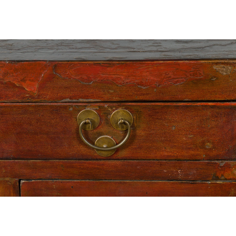 Qing Dynasty Red/Brown Side Cabinet with Hinged Doors Under Double Drawers-YN2548-21. Asian & Chinese Furniture, Art, Antiques, Vintage Home Décor for sale at FEA Home