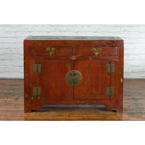 Qing Dynasty Red/Brown Side Cabinet with Hinged Doors Under Double Drawers-YN2548-2. Asian & Chinese Furniture, Art, Antiques, Vintage Home Décor for sale at FEA Home