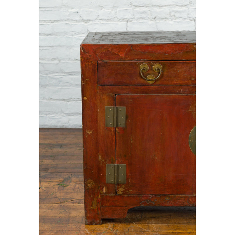 Qing Dynasty Red/Brown Side Cabinet with Hinged Doors Under Double Drawers-YN2548-7. Asian & Chinese Furniture, Art, Antiques, Vintage Home Décor for sale at FEA Home
