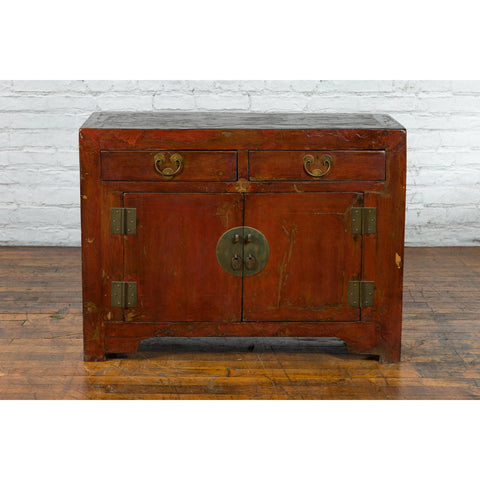 Qing Dynasty Red/Brown Side Cabinet with Hinged Doors Under Double Drawers-YN2548-9. Asian & Chinese Furniture, Art, Antiques, Vintage Home Décor for sale at FEA Home