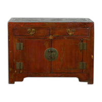 Qing Dynasty Red/Brown Side Cabinet with Hinged Doors Under Double Drawers
