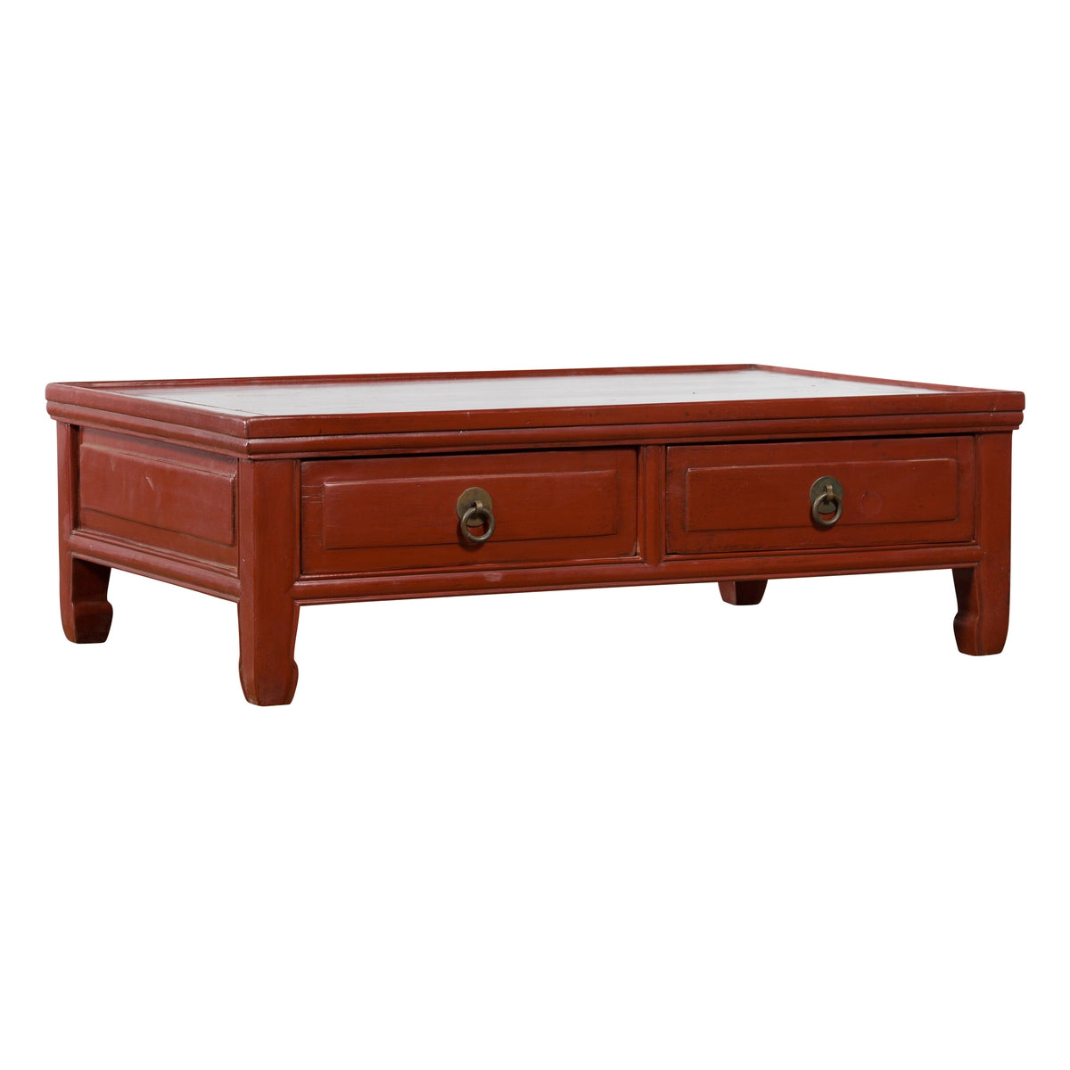 Qing Dynasty Red Lacquer Low Kang Coffee Table with Drawers and Horse Hoof Feet-1. Asian & Chinese Furniture, Art, Antiques, Vintage Home Décor for sale at FEA Home