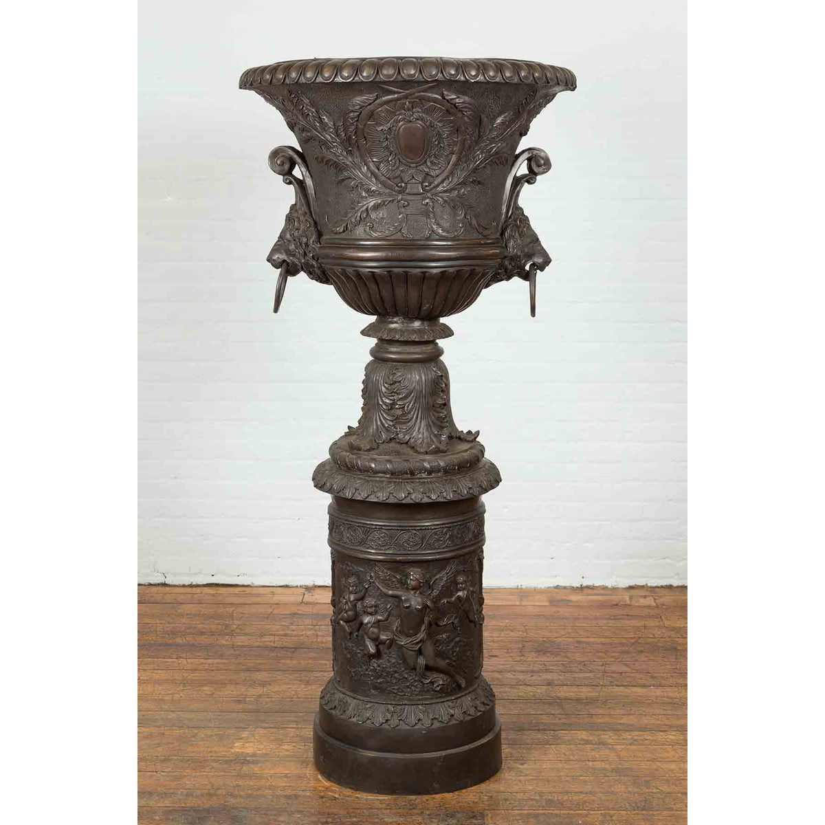 Large Contemporary Cast Bronze Krater Urn on Pedestal with Mythological Figures-2. Asian & Chinese Furniture, Art, Antiques, Vintage Home Décor for sale at FEA Home
