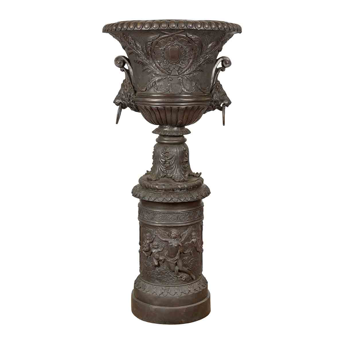 Large Contemporary Cast Bronze Krater Urn on Pedestal with Mythological Figures-1. Asian & Chinese Furniture, Art, Antiques, Vintage Home Décor for sale at FEA Home