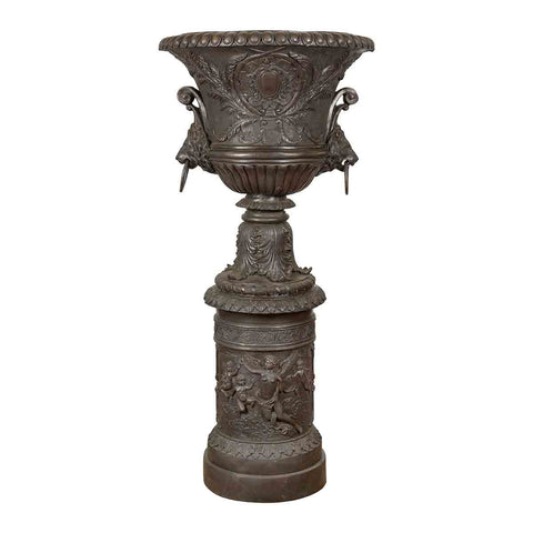Large Contemporary Cast Bronze Krater Urn on Pedestal with Mythological Figures- Asian Antiques, Vintage Home Decor & Chinese Furniture - FEA Home
