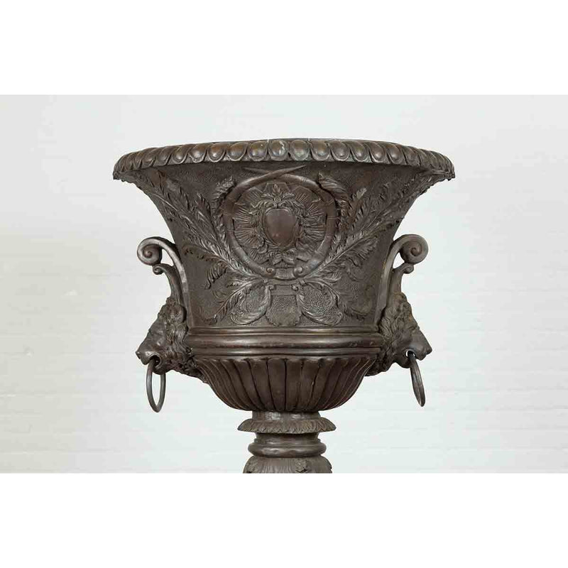 Large Contemporary Cast Bronze Krater Urn on Pedestal with Mythological Figures-RG1105-6. Asian & Chinese Furniture, Art, Antiques, Vintage Home Décor for sale at FEA Home