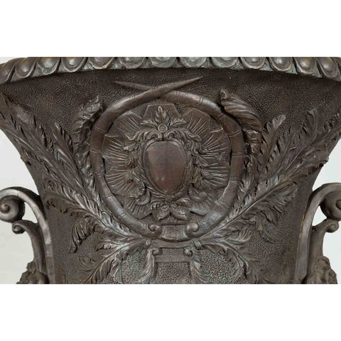 Large Contemporary Cast Bronze Krater Urn on Pedestal with Mythological Figures-RG1105-7. Asian & Chinese Furniture, Art, Antiques, Vintage Home Décor for sale at FEA Home