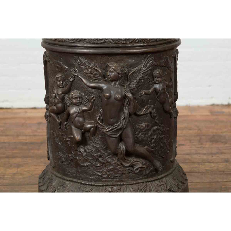 Large Contemporary Cast Bronze Krater Urn on Pedestal with Mythological Figures