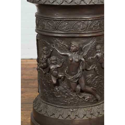 Large Contemporary Cast Bronze Krater Urn on Pedestal with Mythological Figures