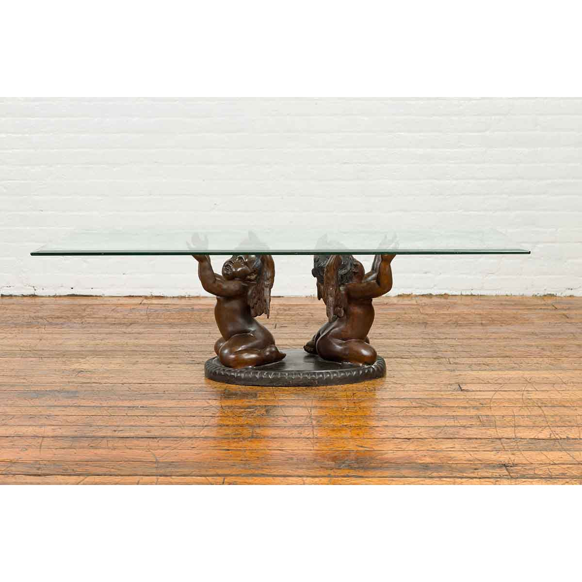 Bronze Looking to the Heavens Double Cherub Coffee Table Base with Dark Patina-2. Asian & Chinese Furniture, Art, Antiques, Vintage Home Décor for sale at FEA Home