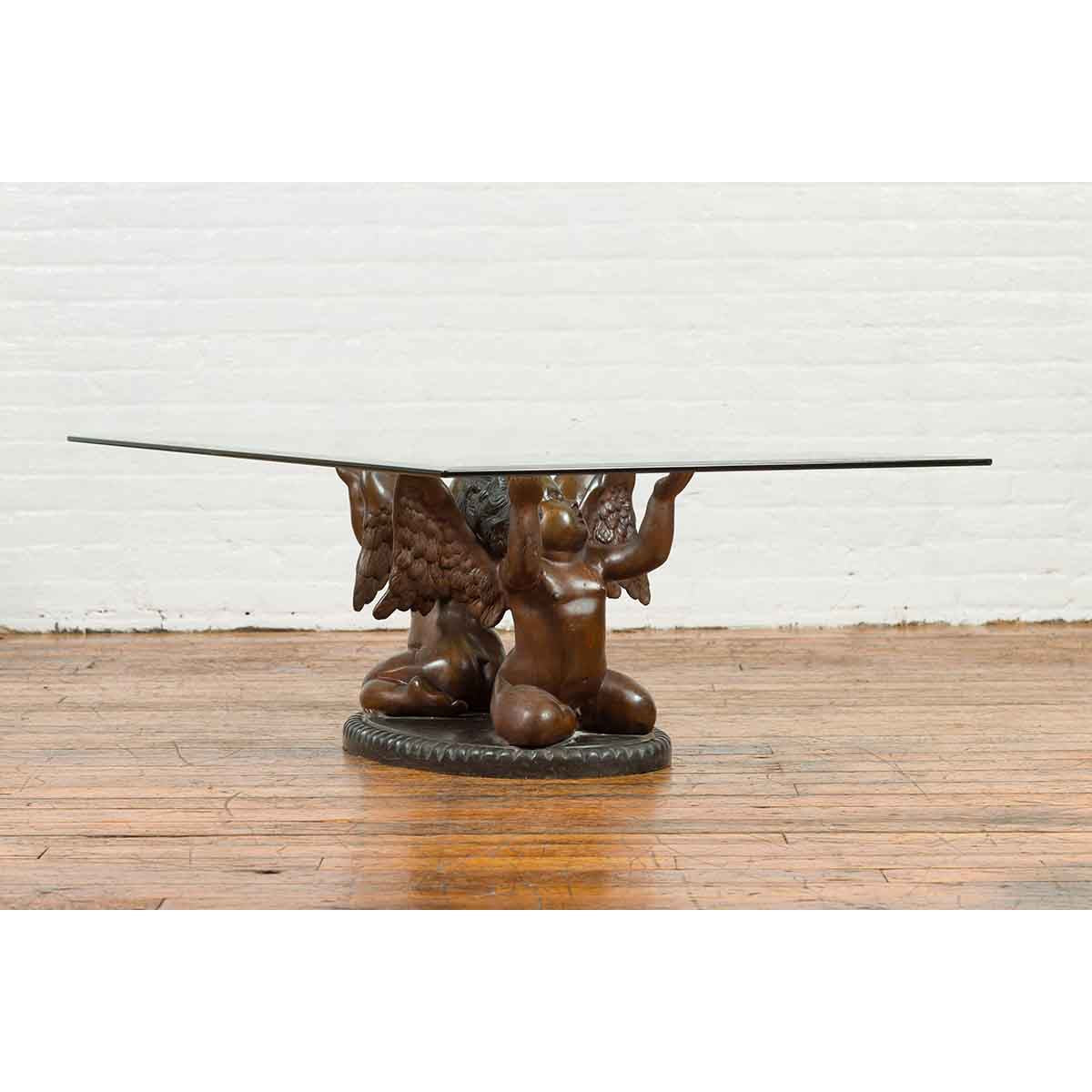 Bronze Looking to the Heavens Double Cherub Coffee Table Base with Dark Patina-3. Asian &amp; Chinese Furniture, Art, Antiques, Vintage Home Décor for sale at FEA Home