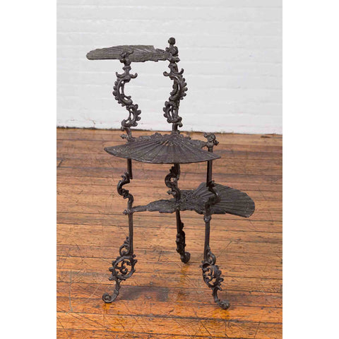 Contemporary Bronze Display Stand with Fan Shelves and Rococo Style Scrolls