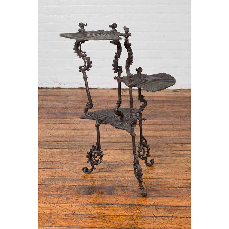Contemporary Bronze Display Stand with Fan Shelves and Rococo Style Scrolls