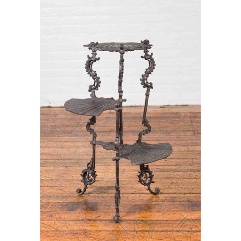 Contemporary Bronze Display Stand with Fan Shelves and Rococo Style Scrolls