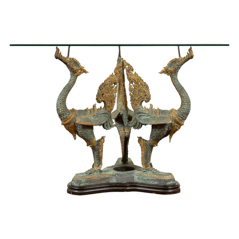 Bronze Contemporary Triple Dragon Table Base with Verde Patina and Gilt Accents- Asian Antiques, Vintage Home Decor & Chinese Furniture - FEA Home