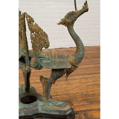 Bronze Contemporary Triple Dragon Table Base with Verde Patina and Gilt Accents