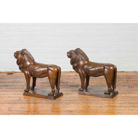 Pair of Bronze Lion Sculptures on Bases with Dark Patina-YN7549-12. Asian & Chinese Furniture, Art, Antiques, Vintage Home Décor for sale at FEA Home