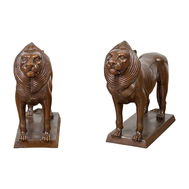 Pair of Bronze Lion Sculptures on Bases with Dark Patina-YN7549-1. Asian & Chinese Furniture, Art, Antiques, Vintage Home Décor for sale at FEA Home