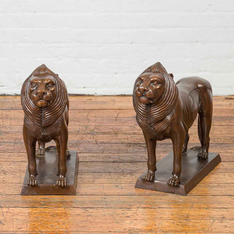 Pair of Bronze Lion Sculptures on Bases with Dark Patina-YN7549-2. Asian & Chinese Furniture, Art, Antiques, Vintage Home Décor for sale at FEA Home