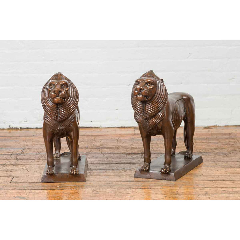 Pair of Bronze Lion Sculptures on Bases with Dark Patina-YN7549-3. Asian & Chinese Furniture, Art, Antiques, Vintage Home Décor for sale at FEA Home
