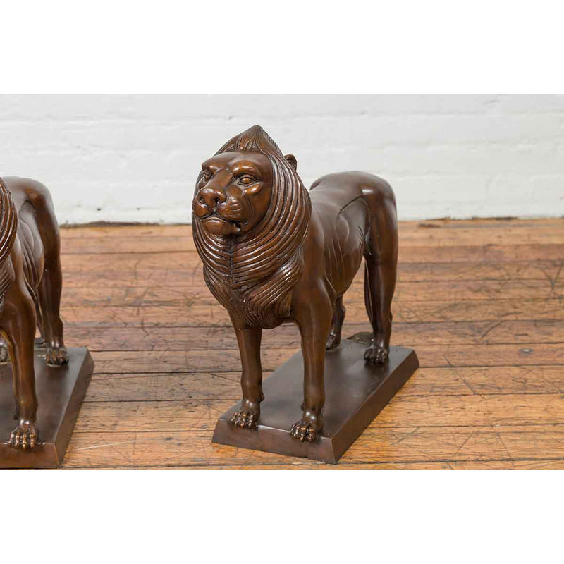 Pair of Bronze Lion Sculptures on Bases with Dark Patina-YN7549-5. Asian & Chinese Furniture, Art, Antiques, Vintage Home Décor for sale at FEA Home