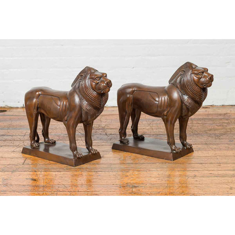 Pair of Bronze Lion Sculptures on Bases with Dark Patina-YN7549-7. Asian & Chinese Furniture, Art, Antiques, Vintage Home Décor for sale at FEA Home