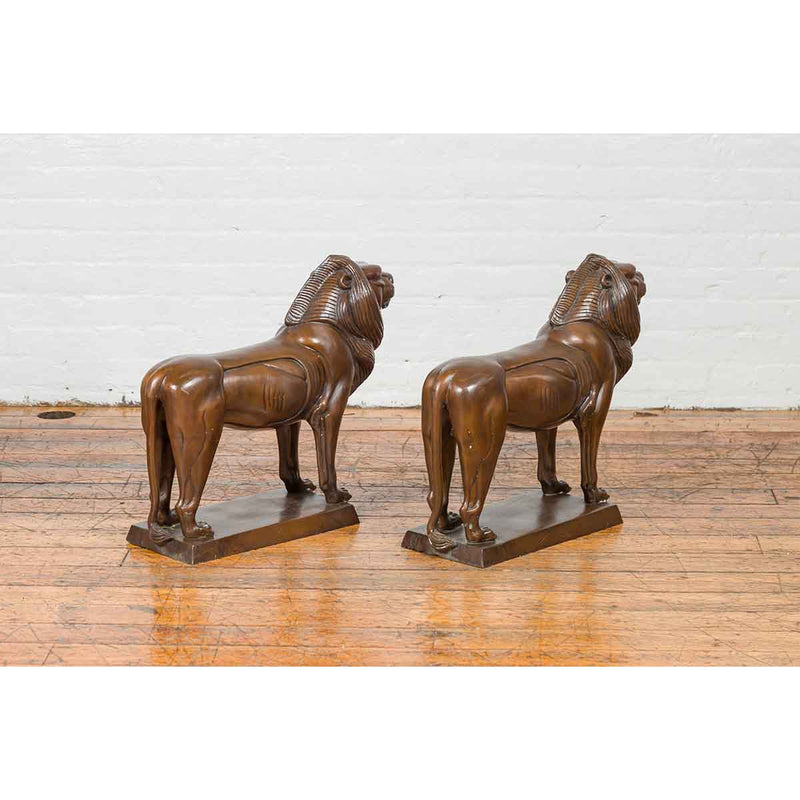 Pair of Bronze Lion Sculptures on Bases with Dark Patina-YN7549-9. Asian & Chinese Furniture, Art, Antiques, Vintage Home Décor for sale at FEA Home